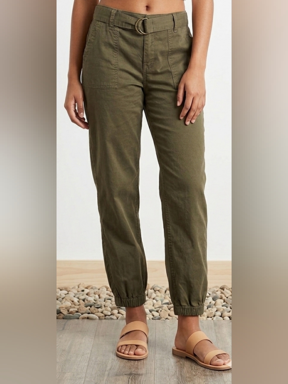 Olive Utility Jogger Pants Belted Stretch Cotton Travel Tapered Ankle Minimalist